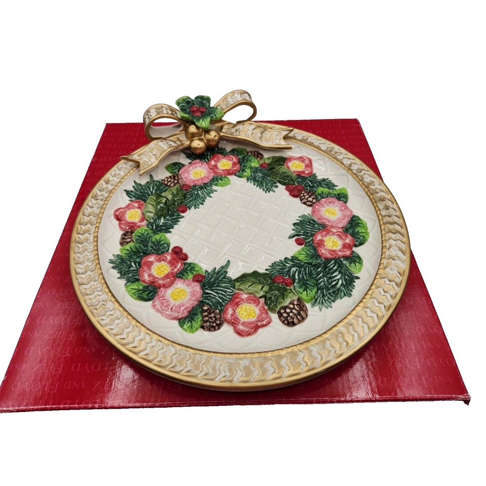Fitz & Floyd Classics Holly Flower Wreath & Bow Christmas Canape Wall Plate
